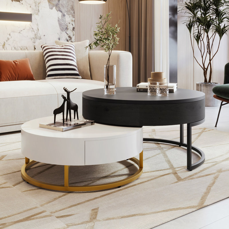 Anamta Modern Round Lift-top Nesting Coffee Tables with 2 Drawers, Black/White, Gold/Black