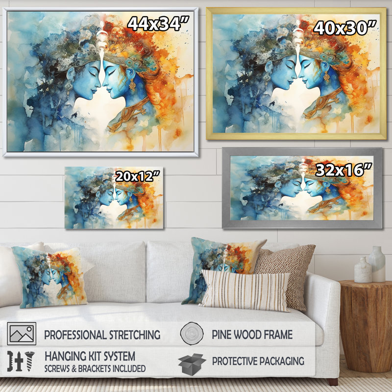 Hindouisme, aquarelle sèche, Radha Krishnas, mariage divin I - Hindouisme, art mural, Toile tendue, 16" H x 32" W