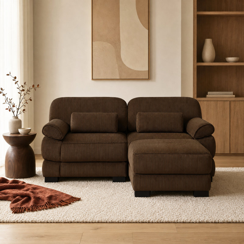 Canapé modulaire réversible en velours côtelé avec repose-pieds et dossier réglable de 76,4 po Haledon, Brun