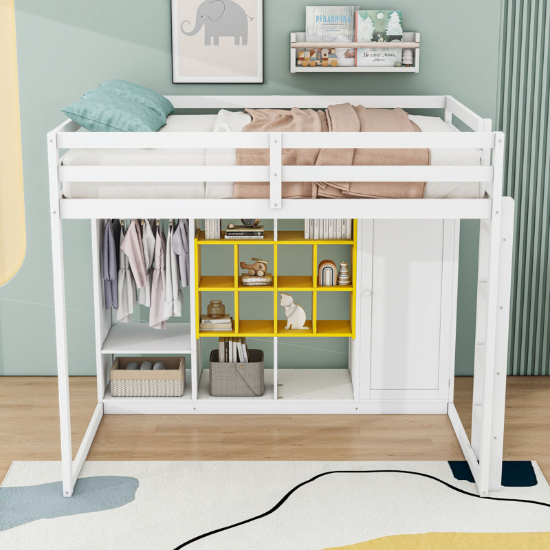Lit mezzanine en bois avec garde-robe, tablettes et échelle, Complète, Blanc / Jaune