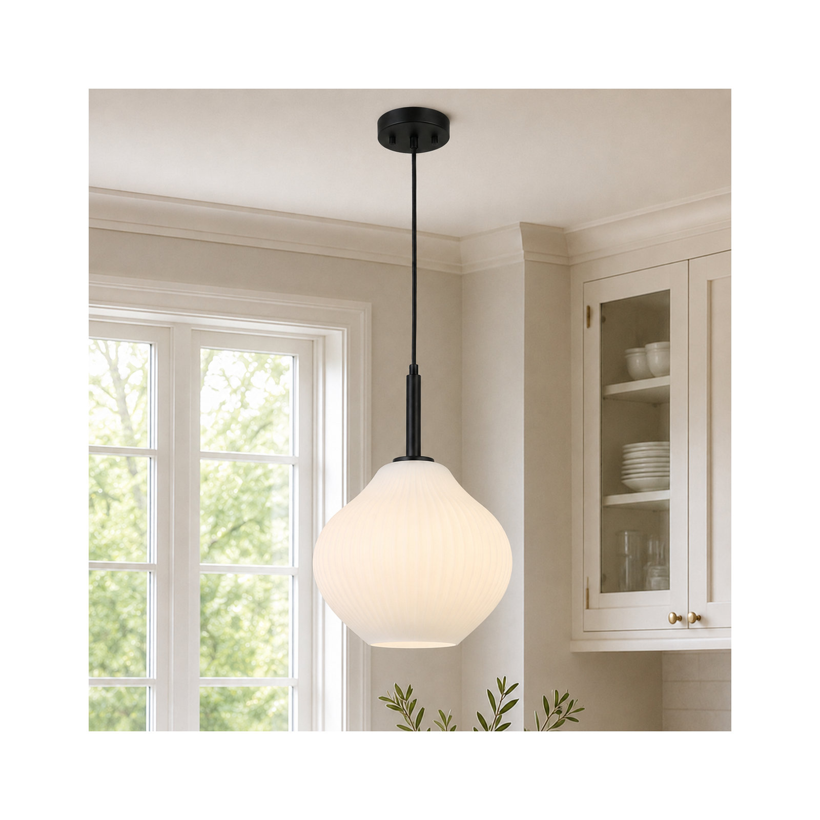 1- Light Modern Ribbed Glass Pendant Light, Matte Black