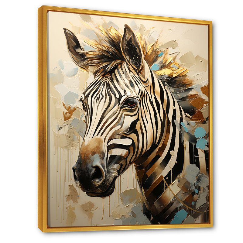 «Beige et or», impression zèbre sur toile, Cadre flottant doré, H 32 po x l 24 po x P 1 po