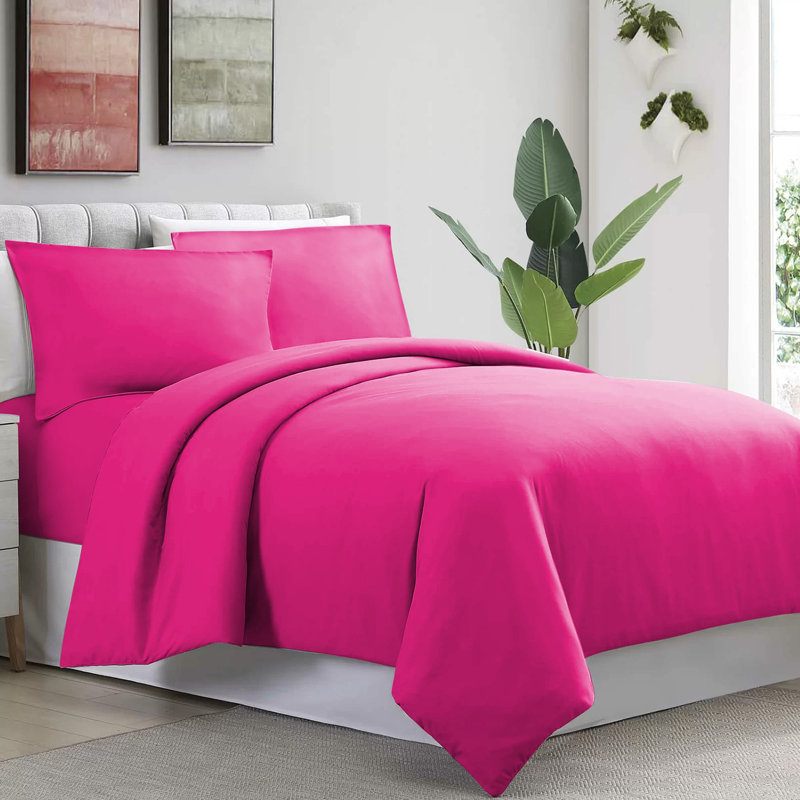 Humiston Solid Colour Duvet Cover Set with Pillowcases, King Duvet Cover + 2 Standard Pillowcases, Pink