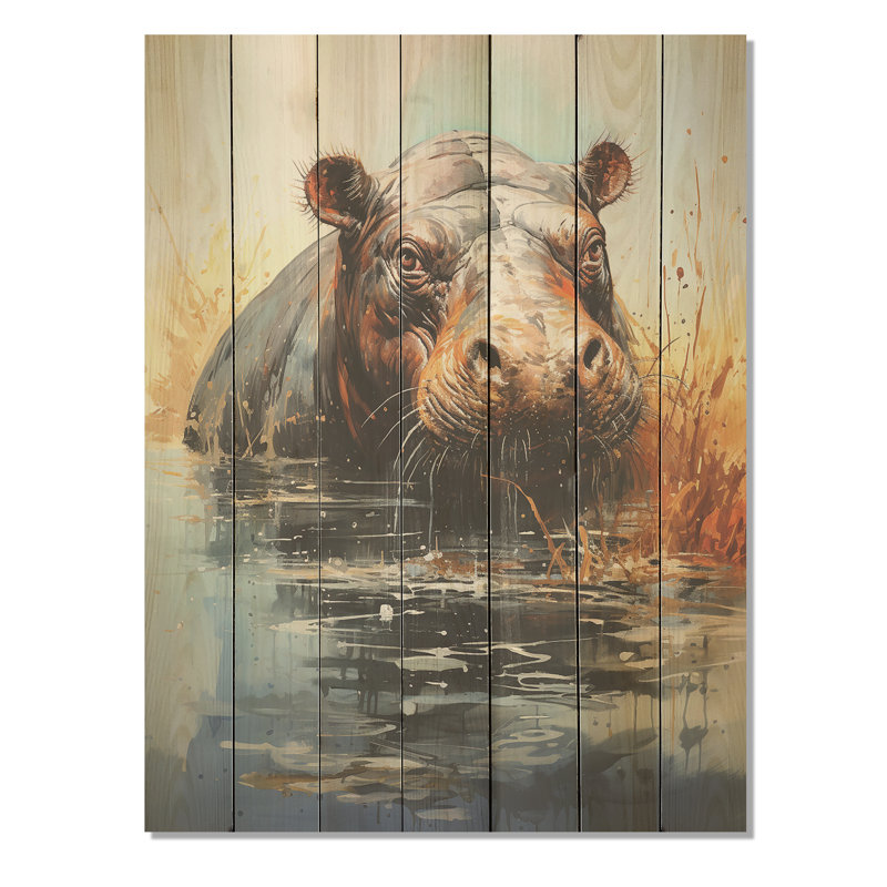 Gris majestueux hippopotame élégant - Hippopotame sur bois, H 32 po x l 24 po