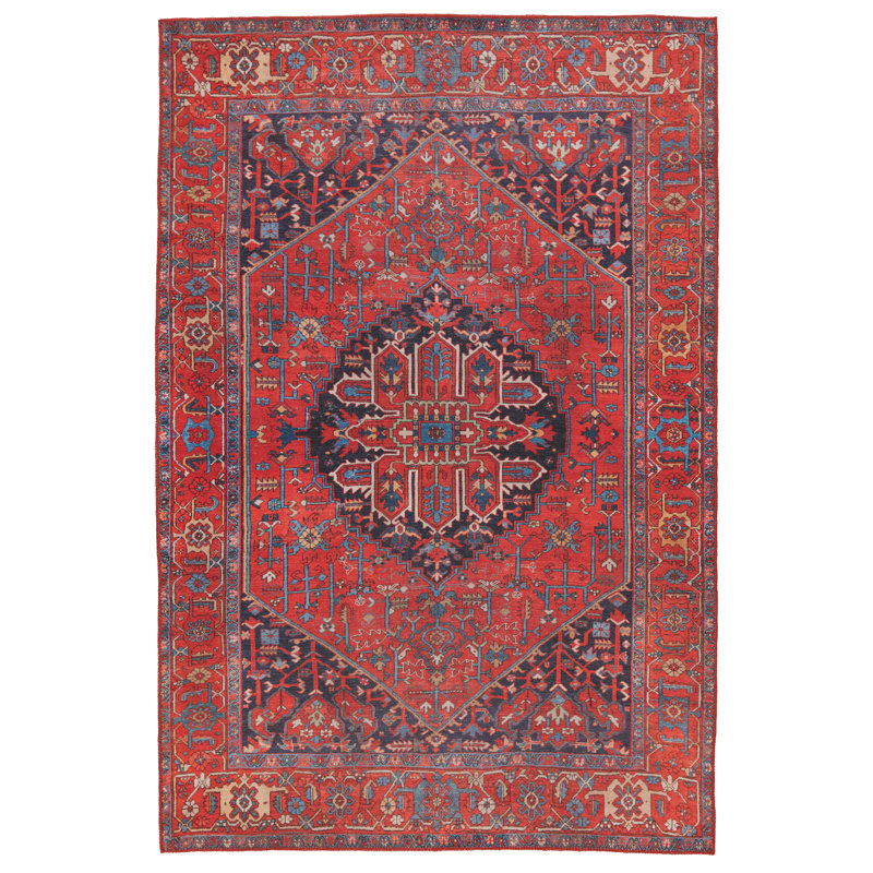 Machine Washable Harman Oriental Power Loom Polyester Area Rug in Red/Blue, Rectangle 5' x 7'6"