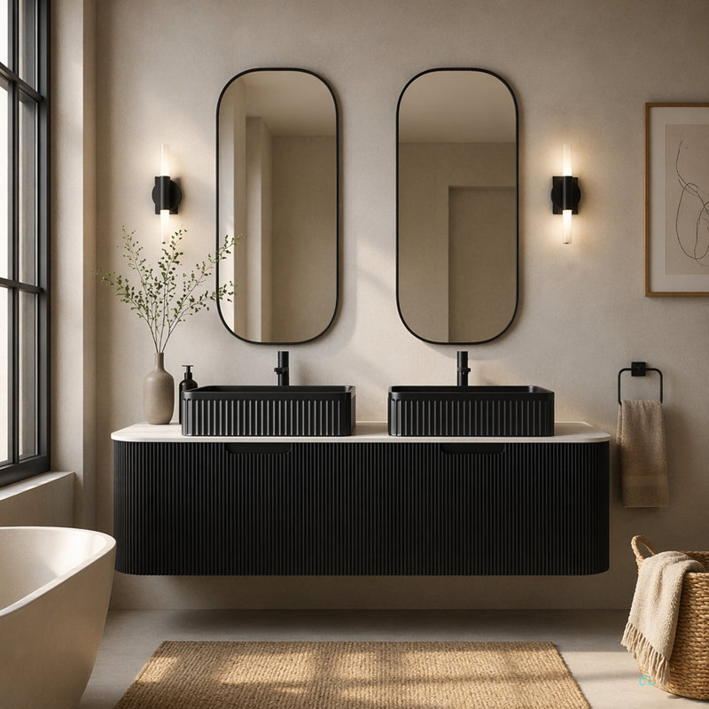 Meuble-lavabo de salle de bain 60 po avec lavabo, lavabo à fixation murale à bords arrondis flottants avec 2 tiroirs, 2 lavabos rectangulaires en céramique, sans robinet, pré-assemblé