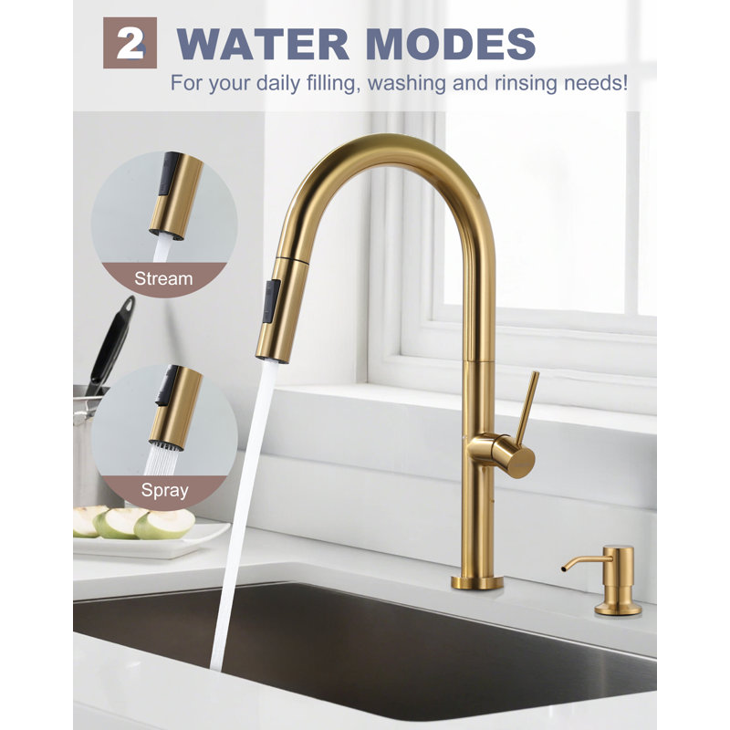 Brushed Gold Stainless Steel Pull Down Kitchen Faucet with Soap Dispenser