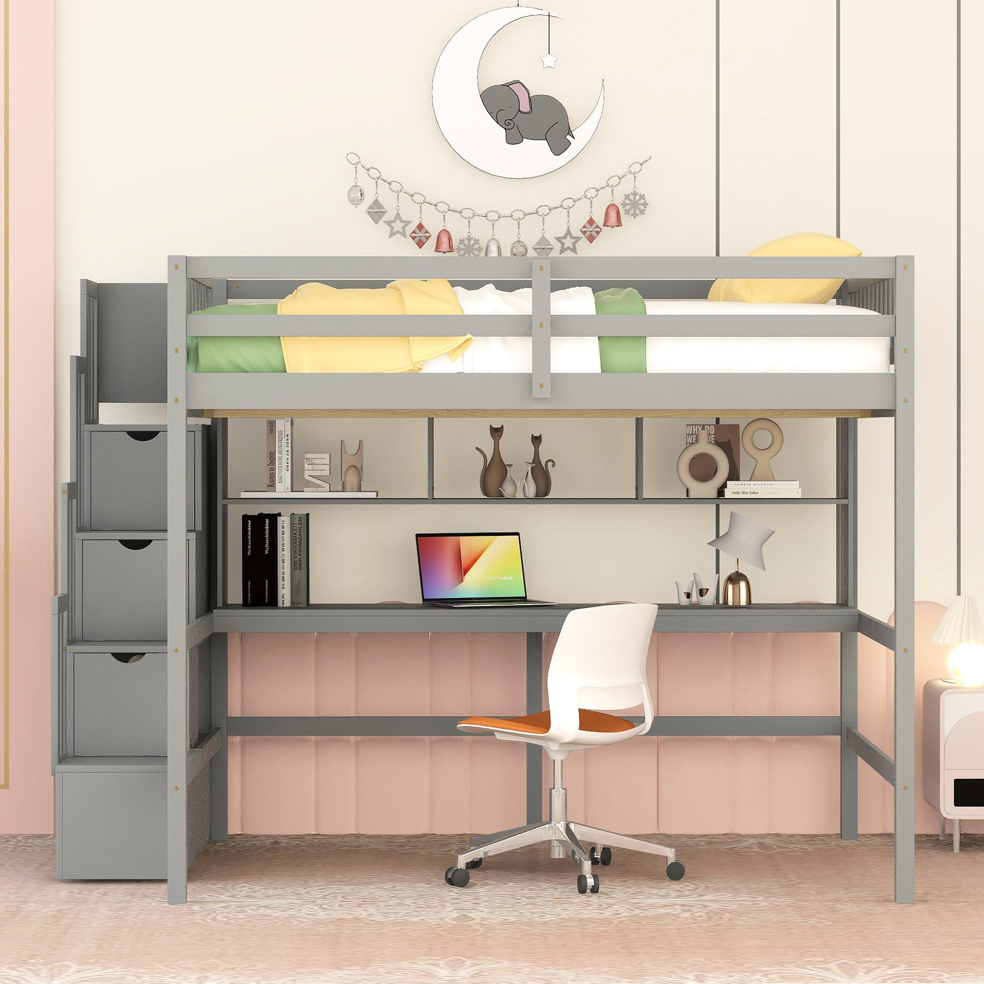 Corrigan Studio® Loft Bed With Desk And Shelves, Staircase Included