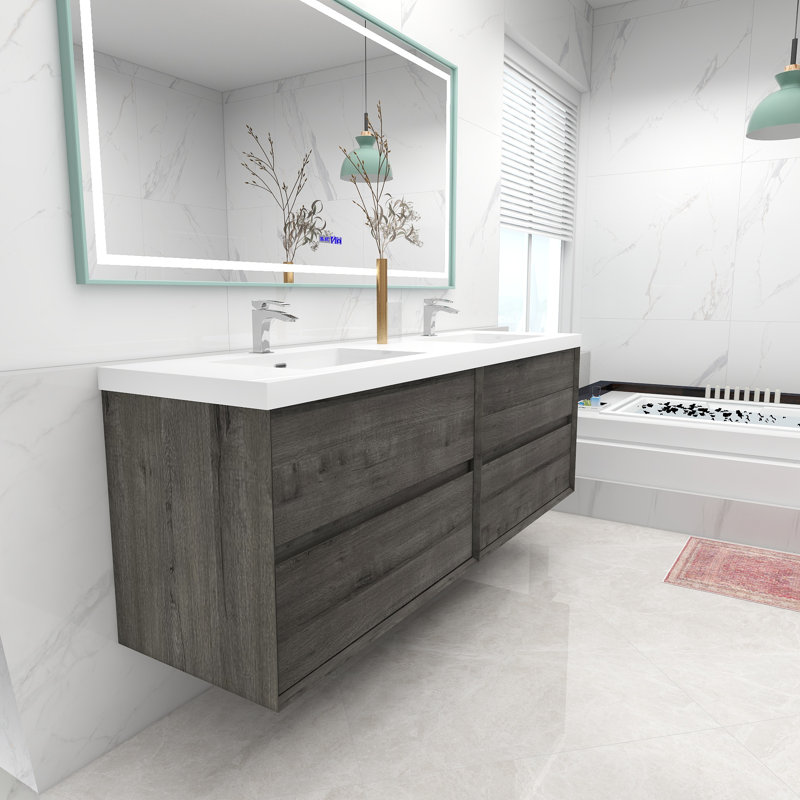 Freidin 70.8'' Double Bathroom Vanity with Acrylic Top, Smoke Oak