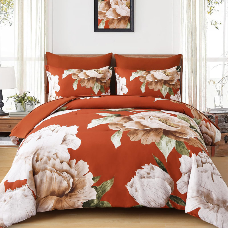 Ensemble de housse de couette à motif floral 7 pièces, Orange brûlé, Grand édredon et 6 pièces supplémentaires