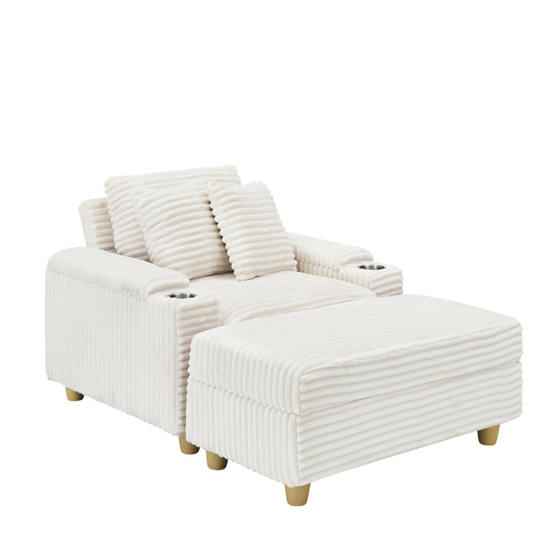 Canapé simple en velours côtelé de style contemporain avec un oreiller, deux coussins décoratifs, un repose-pieds et deux espaces de rangement