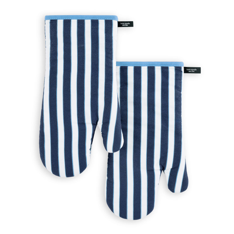 KATE SPADE NEW YORK Botanical Stripe Oven Mitt 2-Pack Set, Heat Resistant, 100% Cotton, French Navy, 7"x13"
