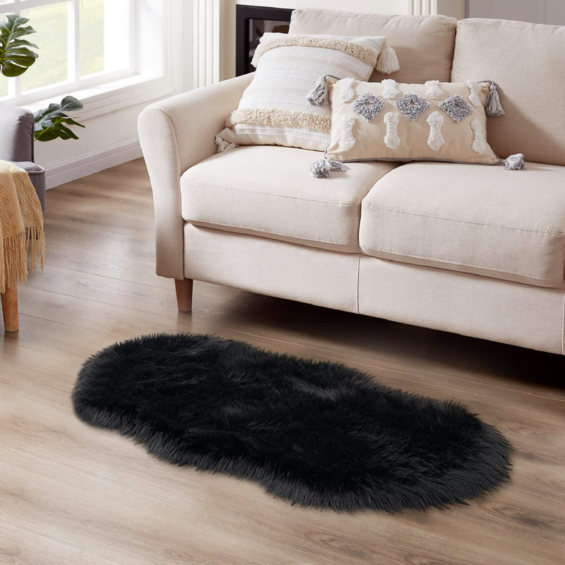 Dreu Black Shag Faux Sheepskin Fur Fluffy Area Rug, Novelty 2' x 4'