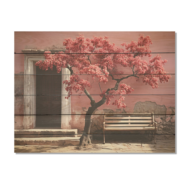Photographie d'arbre rose, Simplicity I - arbre, art mural sur bois de pin naturel, H 24 po x l 32 po