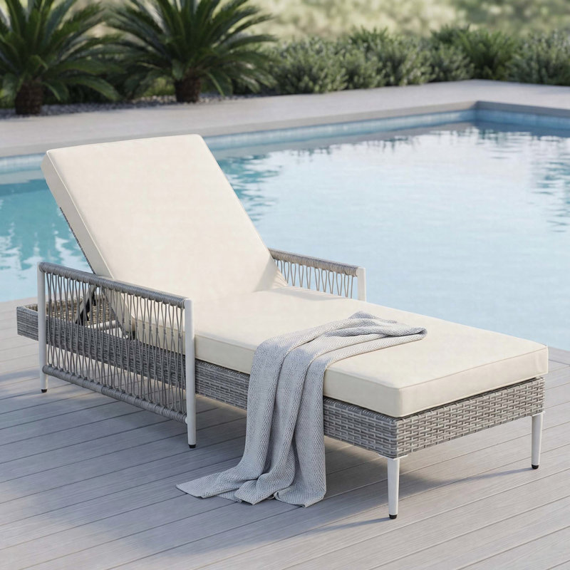 Outdoor PE Rattan Chaise Lounge Wicker Patio Recliner 6-Position Adjustable Armrests Thick Cushion Iron Frame Poolside Deck Grey