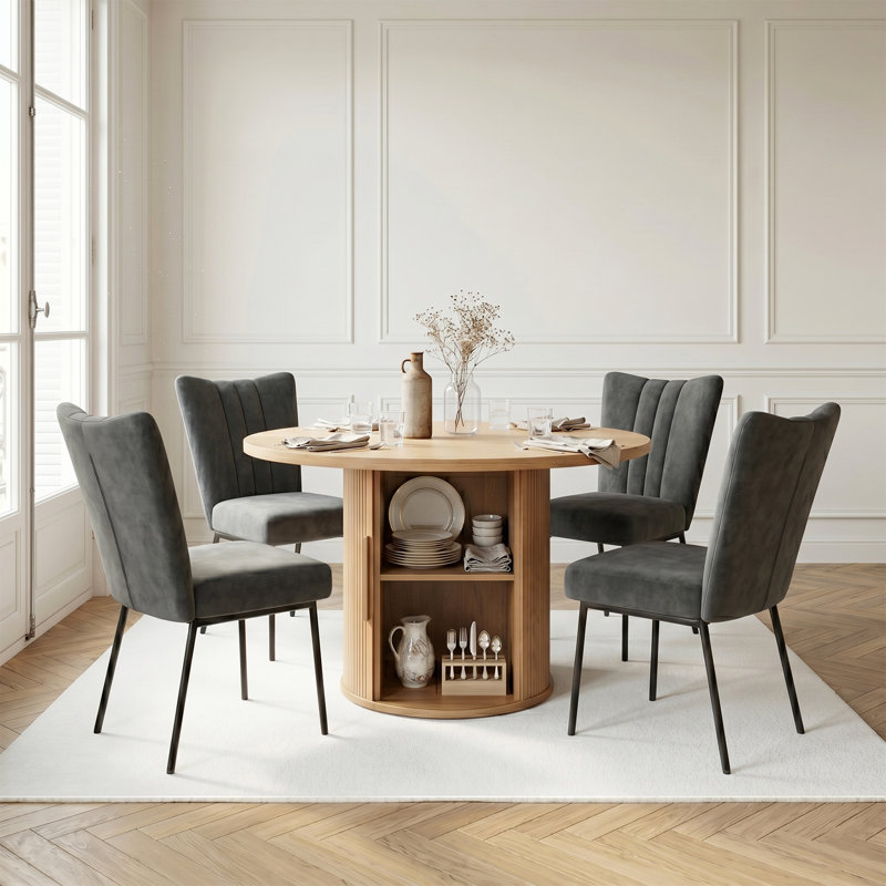Modern Round Dining Table Set for 4, 110cm Wooden Kitchen Table with Storage Base & 4 Upholstered Dining Chairs, Multiple Styles & Colours Available