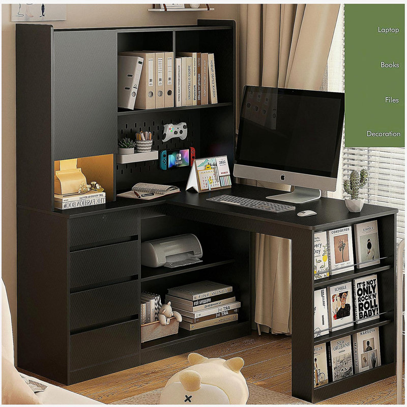 Bureau en L avec tiroir, bibliothèque et garde-robe, avec lumières DEL, table d'angle moderne, bureau à domicile
