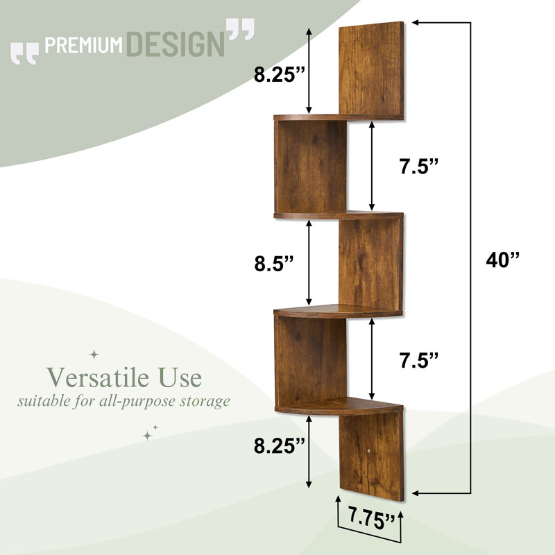 Sorbus 5-Tier Zig Zag Floating Corner Wall Bookshelf Unit - (40" Tall) for Living Room, Bedroom, Office, & More - Space-Saving Storage Solution, Brown
