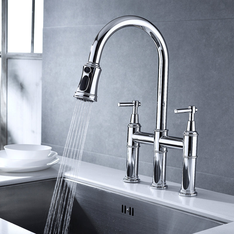 Robinet de cuisine Bridge avec douchette extractible encastrée, Chrome chrome