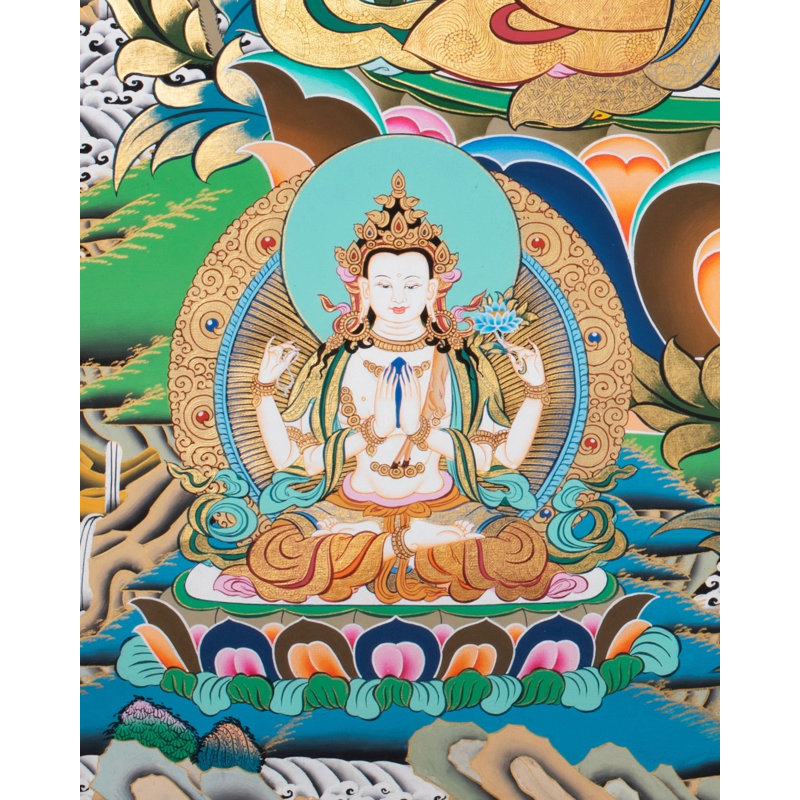 Manjushree avec cinq Bouddha (Brocadeless Thangka)