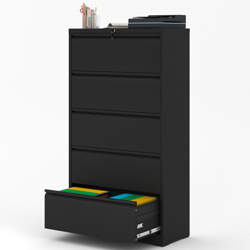 Classeurs latéraux en métal à 5 tiroirs de 64 po de hauteur avec verrou pour bureau à domicile Makafe, H 64 po, assemblage requis, noir