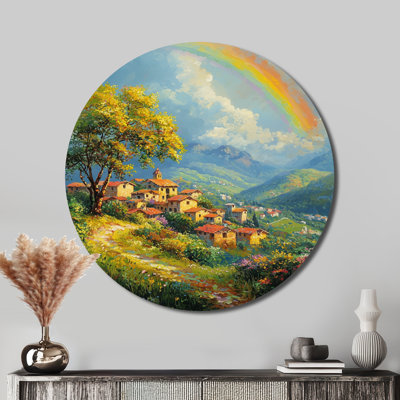 «Rainbow Over The Hillside Village II», reproduction d'art en métal vert traditionnel