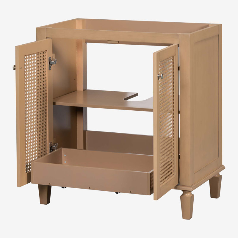 30 Inch Light Brown Wood Freestanding Bathroom Vanity with Cane Doors