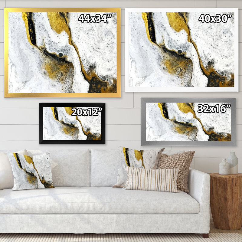 Or et noir sur marbre acrylique blanc - reproduction d'art sur toile, H 24 po x l 36 po x P 1 po, Cadre flottant noir