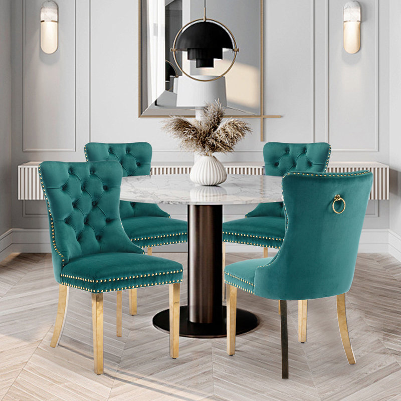 Ensemble de 4 chaises de salle à manger rembourrées en velours avec pattes dorées, vert, Doré, Vert