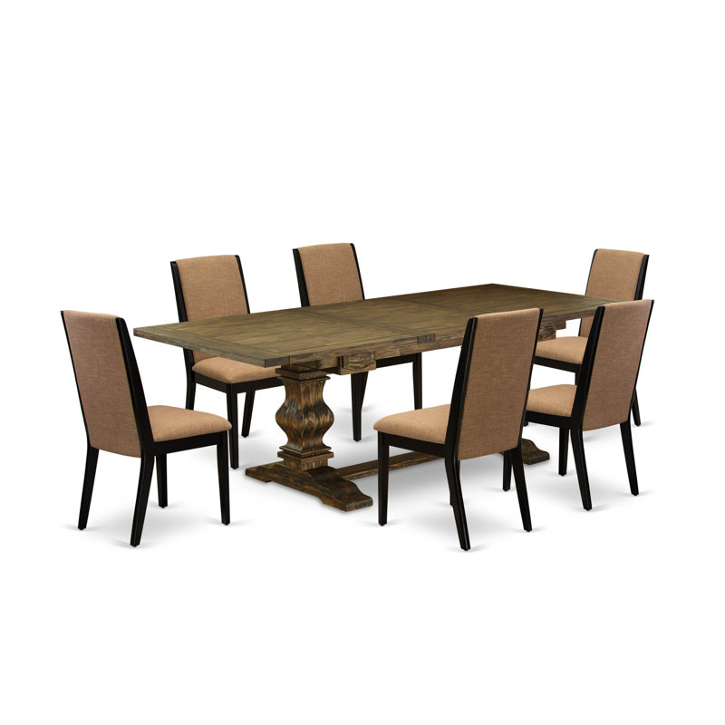 Ensemble de salle à manger 7 pièces composé d'une table de salle à manger rectangulaire avec rallonge amovible et 6 chaises rembourrées en tissu de lin sable clair, patiné Jacobean