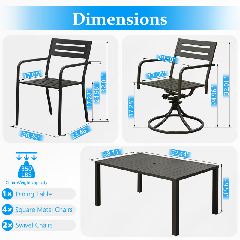 Outdoor Metal Swivel Patio Set - 6 Armchairs & Table, 26.53" H x 62.44" W x  38.11" D
