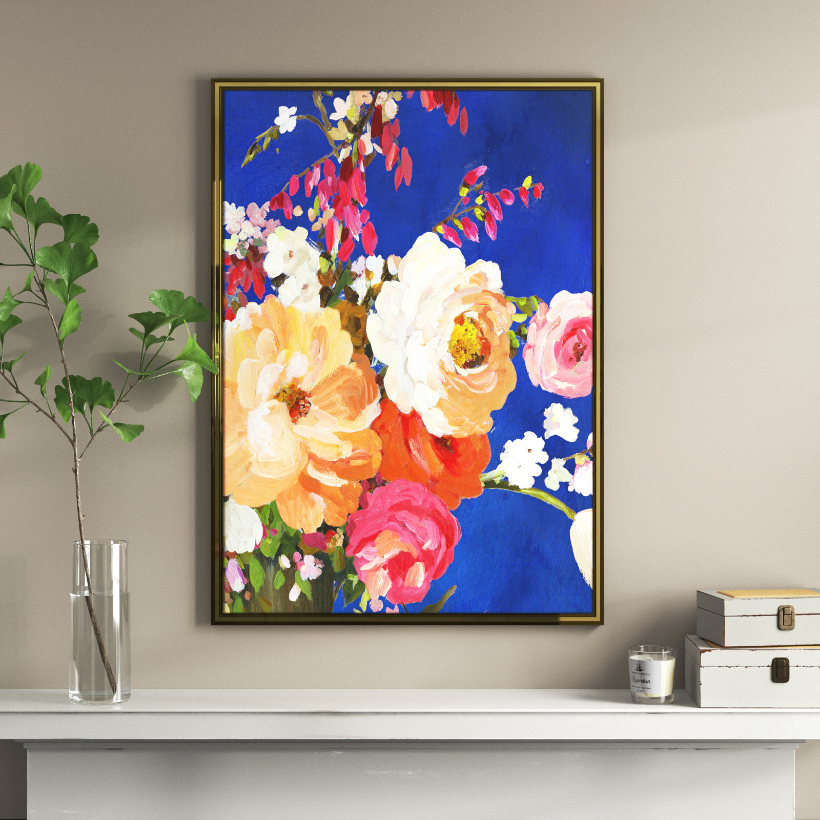 Calliope "Midnight Garden Flowers I" Painting, 42.75" H x 30.75" W x 0.75" D, Gold Framed