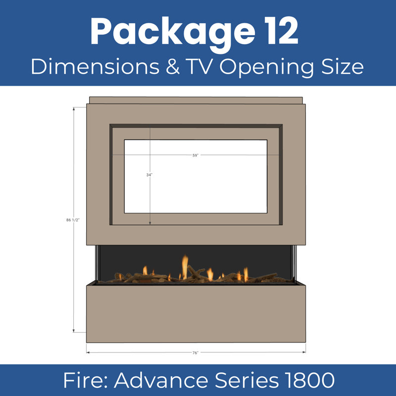 Evolution Fires Pre-Built Media Wall Package 12, finished in textured Venetian Plaster, includes Advance Series 1800 3-Sided Electric Fireplace