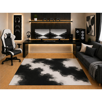 Tapis ultra-léger 152 x 213 cm (5' x 7') à motif nuage marbré noir et blanc, design abstrait moderne effet aquarelle, idéal pour chambre, salle de jeux ou salon. Dos antidérapant en silicone. Poils courts.