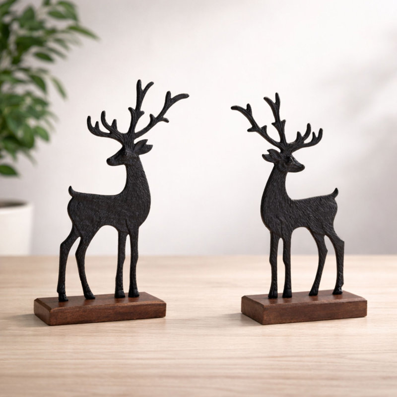 Metal Deer Figurines on Wood Base