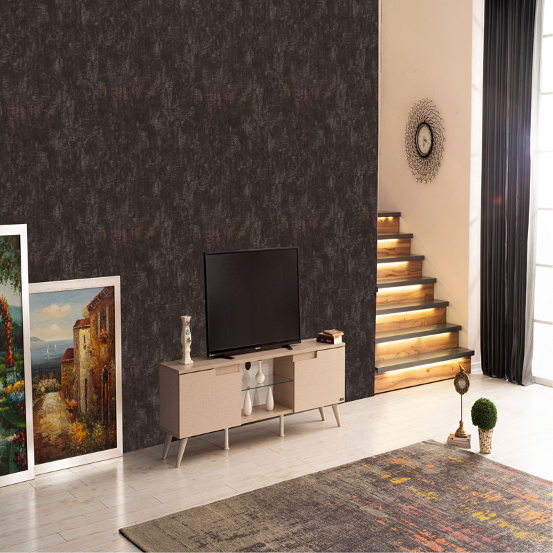Meuble télé Mid-Century 2 armoires 2 portes 1 tablette en verre, Beige