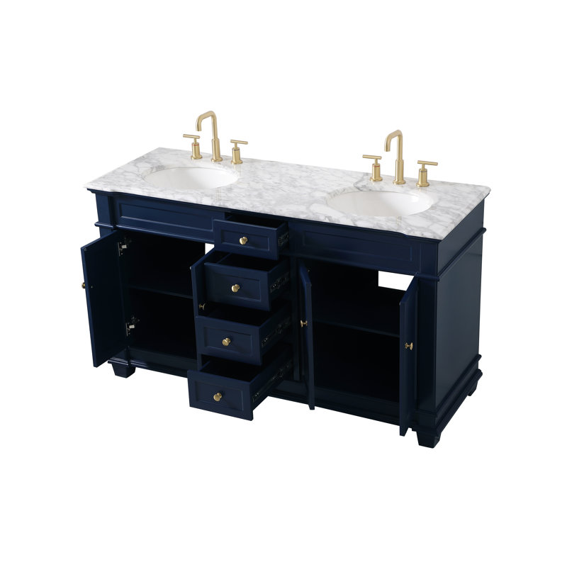 Ensemble de meuble-lavabo double 60 po Lydie, Cararra blanc, Bleu