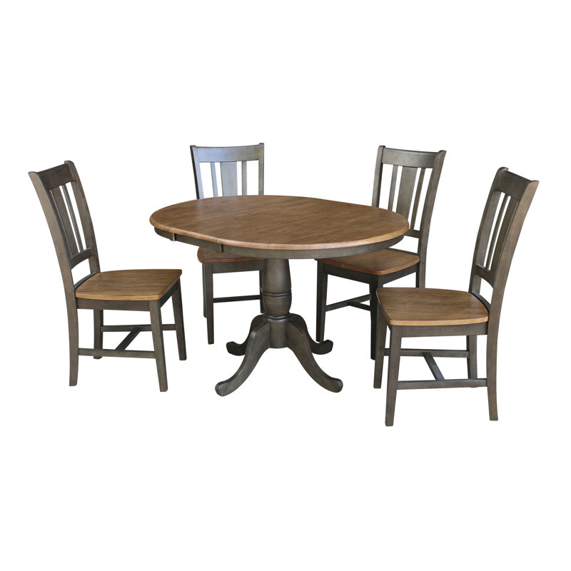 Ewalt Extendable Solid Wood Pedestal Dining Set, Hickory/Washed Coal, 5