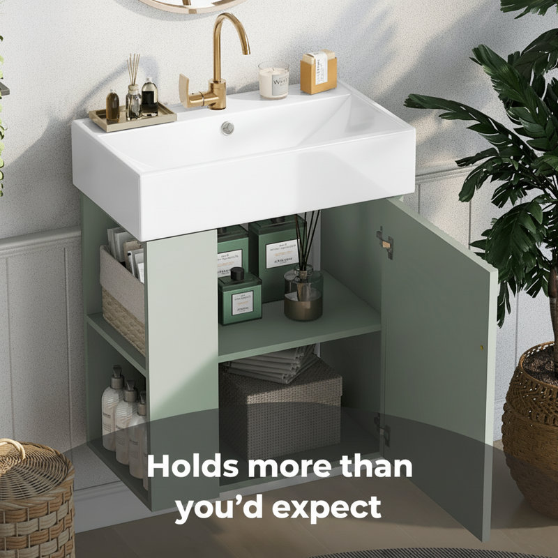 Mircea Kael 21.6 Inch Floating Bathroom Vanity, Ceramic Basin, Left Side Storage, 21.6, Green