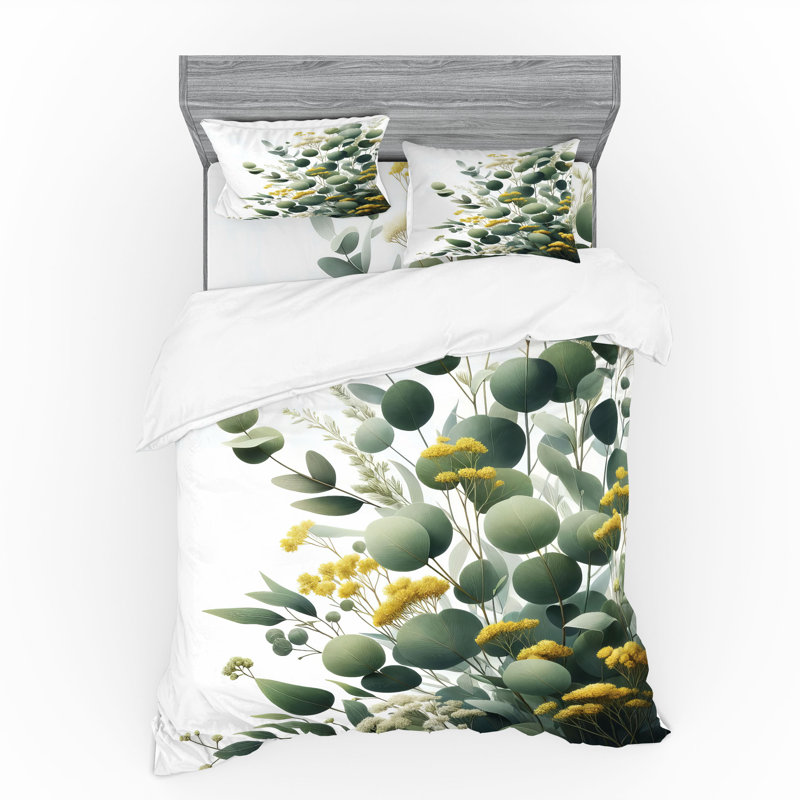 Ensemble de literie à feuilles d'eucalyptus Ambesonne et moutarde et vert paon