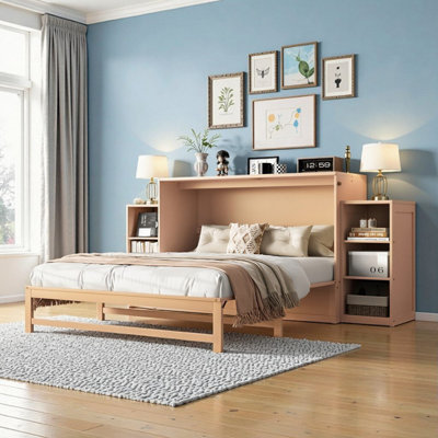 Grand lit escamotable avec tiroirs et tablettes de rangement - Lit mural armoire en pin doré