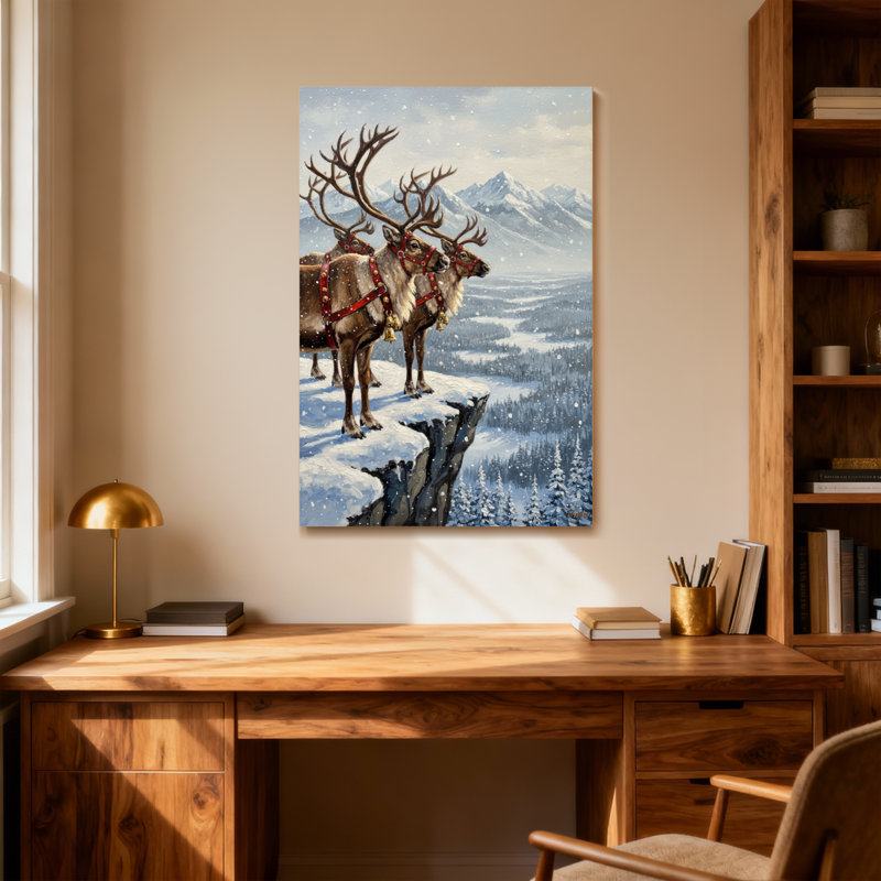 Animals Reindeer Pulling Sleigh On Snowy Cliff, 18" H x 12" W