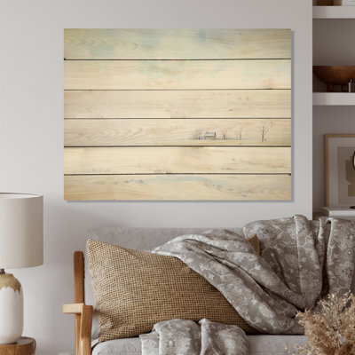Minimalism Winter Landscape By The Lake I - Snow Wood Art On Natural Pine Wood