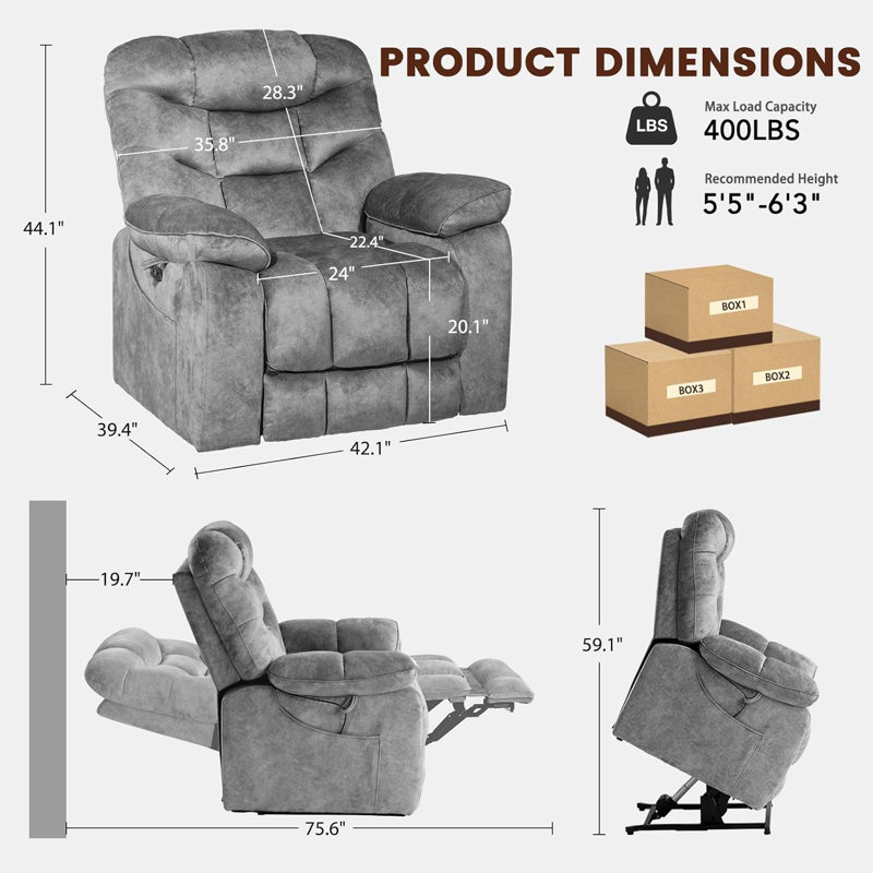 EONIX Large Lay Flat Power Lift Recliner Chair for Elderly with Heat and Massage, 400lbs Dual Motor Electirc Lift Chair with Extended Footrest, SLRY007062, Grey