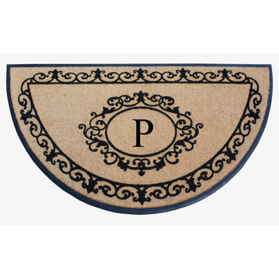 Bahily Floral Border Natural Coir & Rubber Hand-Flocked Monogram Door Mat, 36"x72", Heavy-Duty Outdoor Front Porch Entrance Doormat