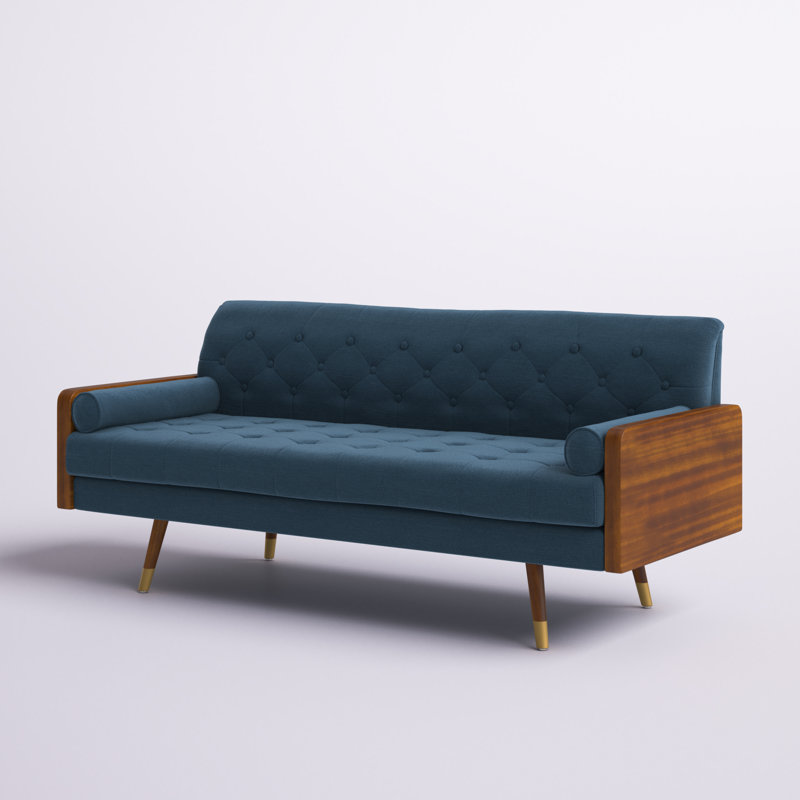 Bel-Air 72.2" Mid Century Modern Tufted 3 Seater Sofa with Bolster Pillows, Navy Blue Fabric