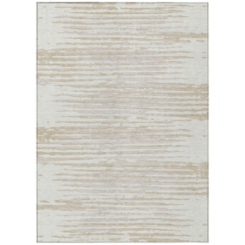 3' X 5' Ivory And Beige Striped Washable Indoor Outdoor Area Rug