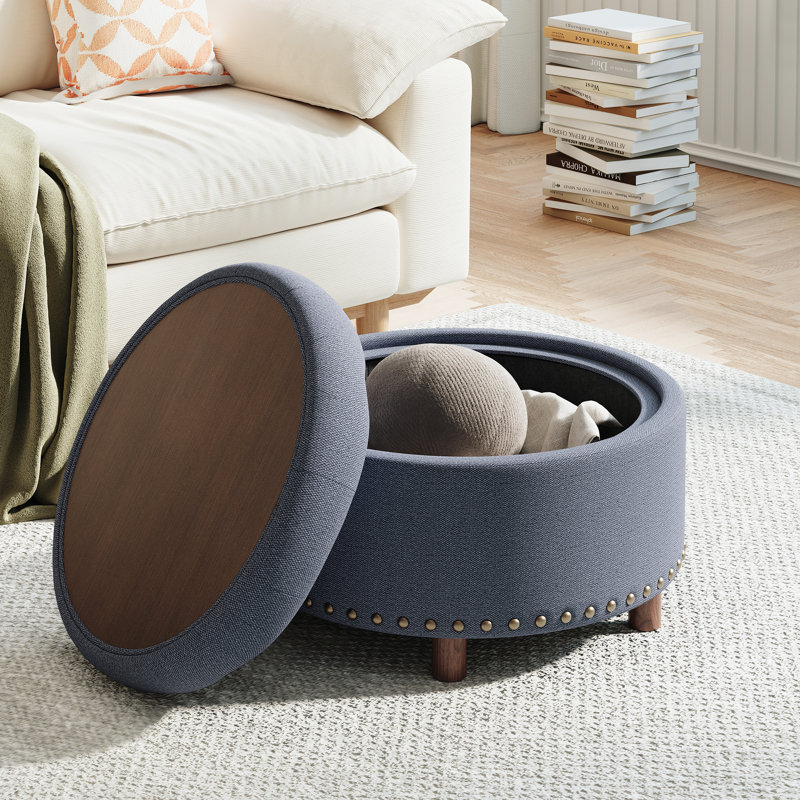 25" Round Upholstered Storage Ottoman with Tufted Cushion, Hidden Storage, Blue