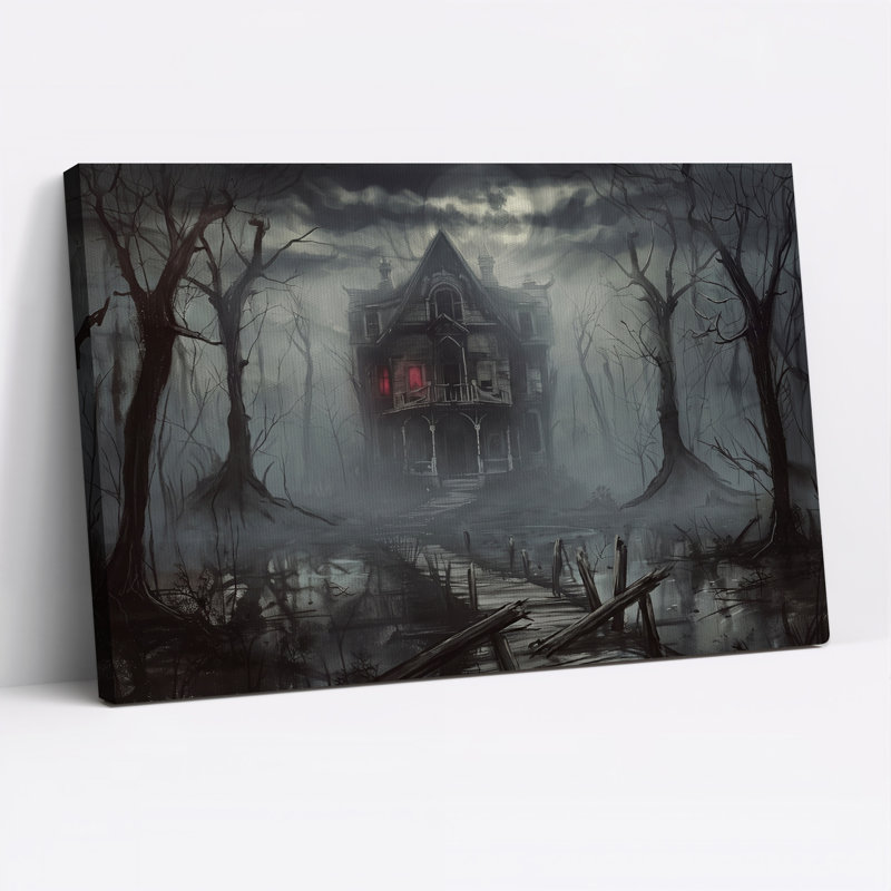 Art mural sur toile, "Dark victorian house" avec fenêtres rouges en brouillard d'Halloween, H 28 po x l 40 po