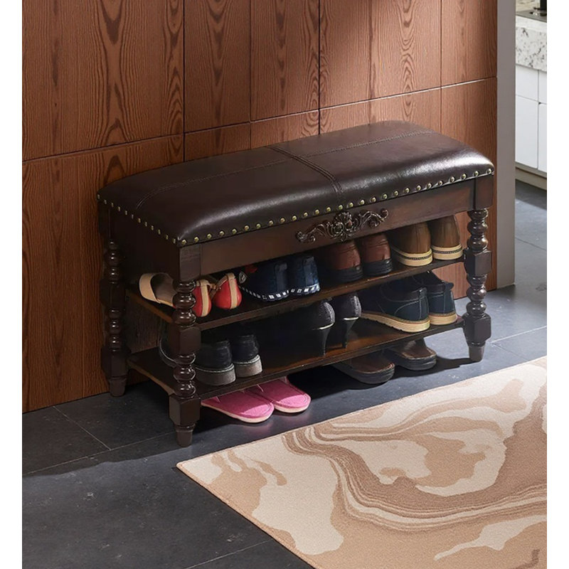 Vintage Solid Wood Carved Flip-Top Shoe Storage Bench